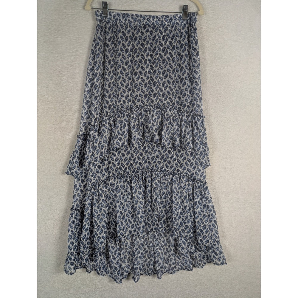 H&M Maxi Skirt Women's Small Blue Leaf Print Tiered Ruffle High-Low Boho